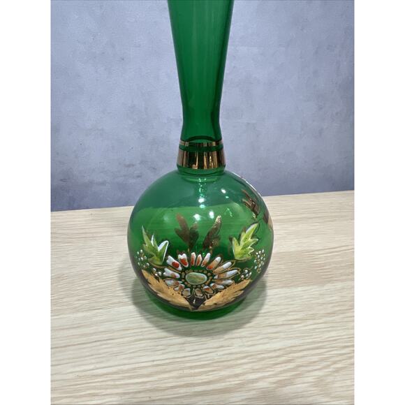 Bohemian Czech Glass Bud Vase Green Gold Trim Hand Painted Raised flowers 8" - Picture 2 of 8